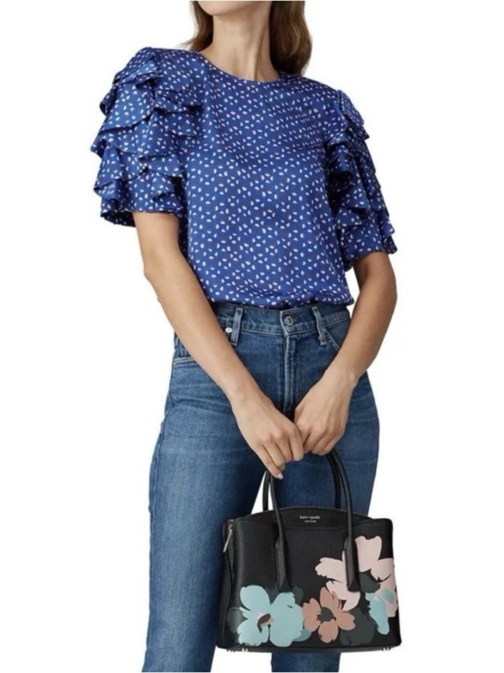 kate spade Royal Blue Polka Dot Blouse with Pink and Brown Accents